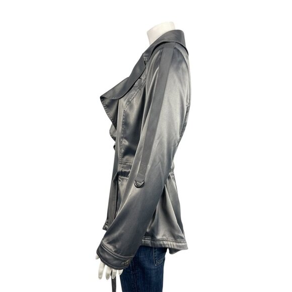 White House Black Market Satin Tie Jacket 8 Gray Silver Roll Tab Sleeves - Picture 2 of 8